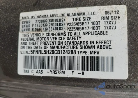 2012 Honda Odyssey Lx from USA, damaged, VIN 5FNRL5H29CB124288